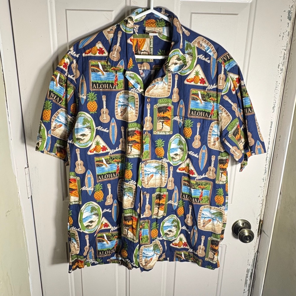 Vintage Hawaii Station Aloha Shirt XL Blue Made in Hawaii Cotton Surfing Ukulele